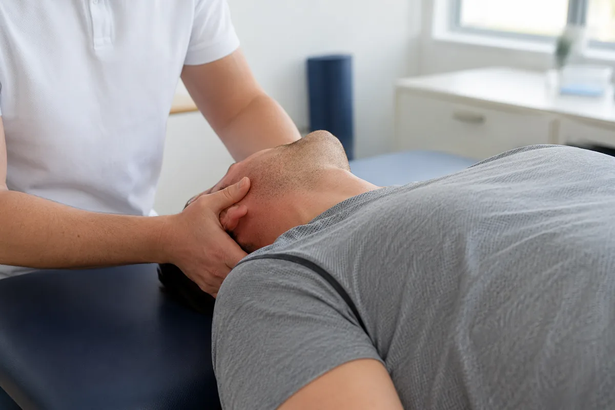 Fisioterapeuta apoiando a nuca de um paciente deitado na maca durante mobilização cervical