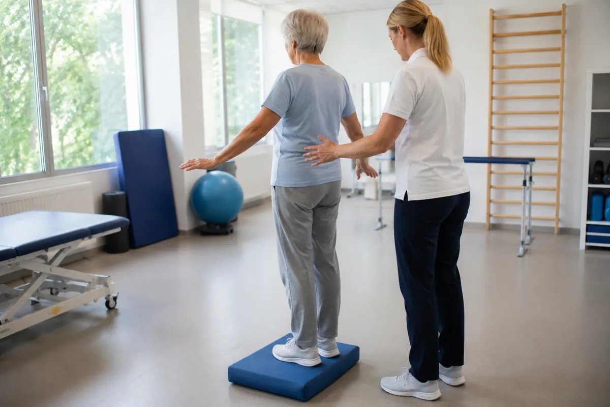 Paciente idosa em treino de equilíbrio sobre disco de espuma, com a fisioterapeuta ao lado pronta para apoiar