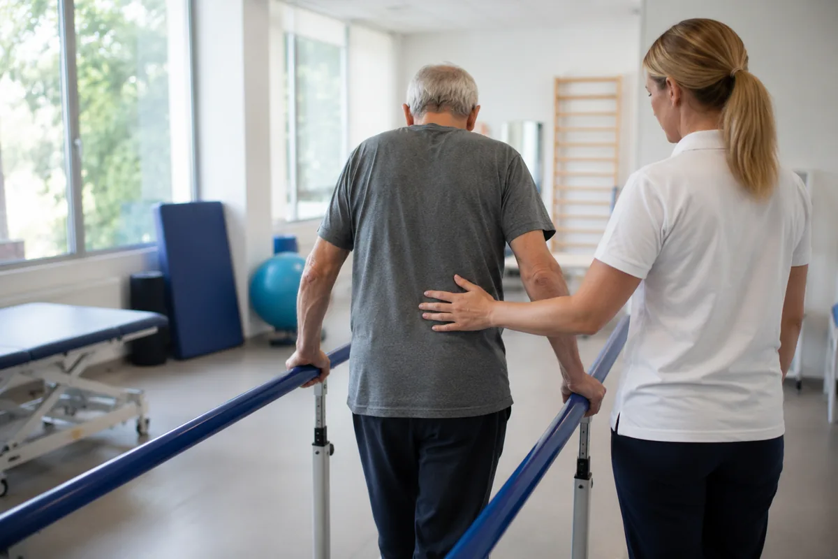 Paciente treinando marcha nas barras paralelas com apoio da fisioterapeuta ao lado