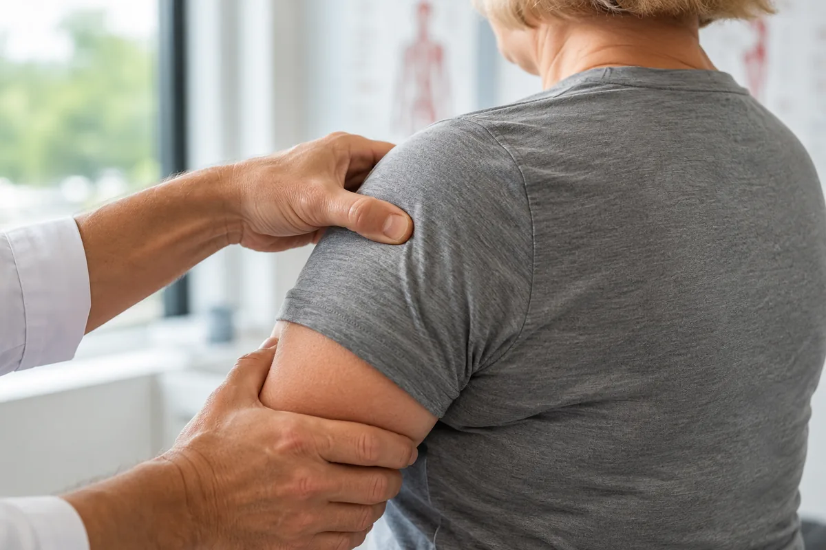 Mãos do fisioterapeuta avaliando o ombro de uma paciente, em detalhe