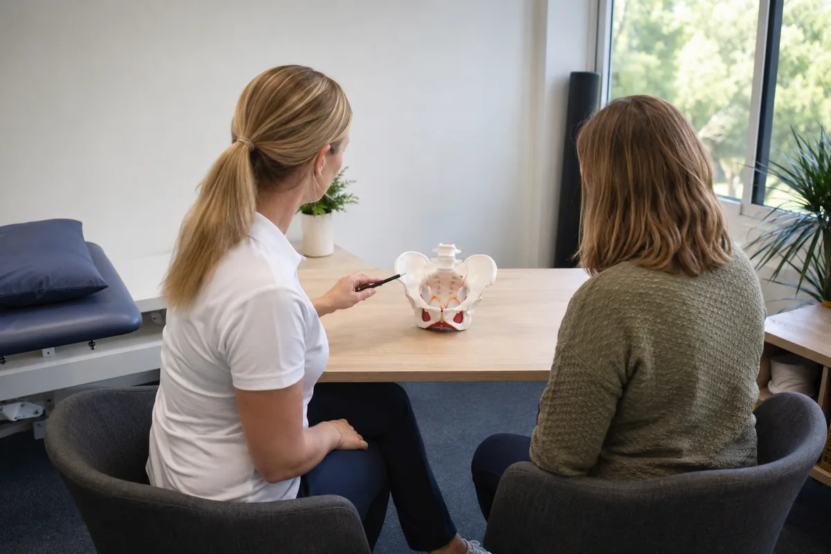 Fisioterapeuta explicando a uma paciente, sentadas frente a frente, com modelo anatômico da pelve sobre a mesa