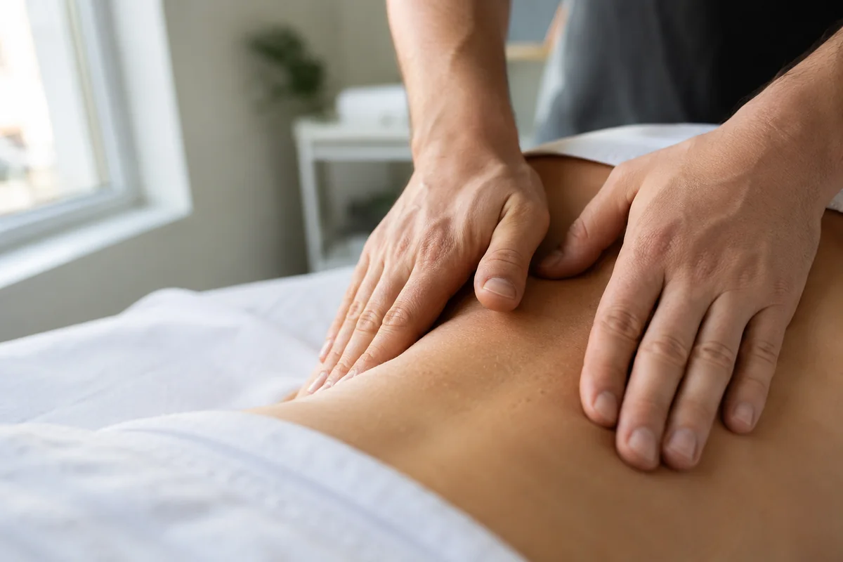 Fisioterapeuta aplicando terapia manual na região lombar de um paciente deitado na maca